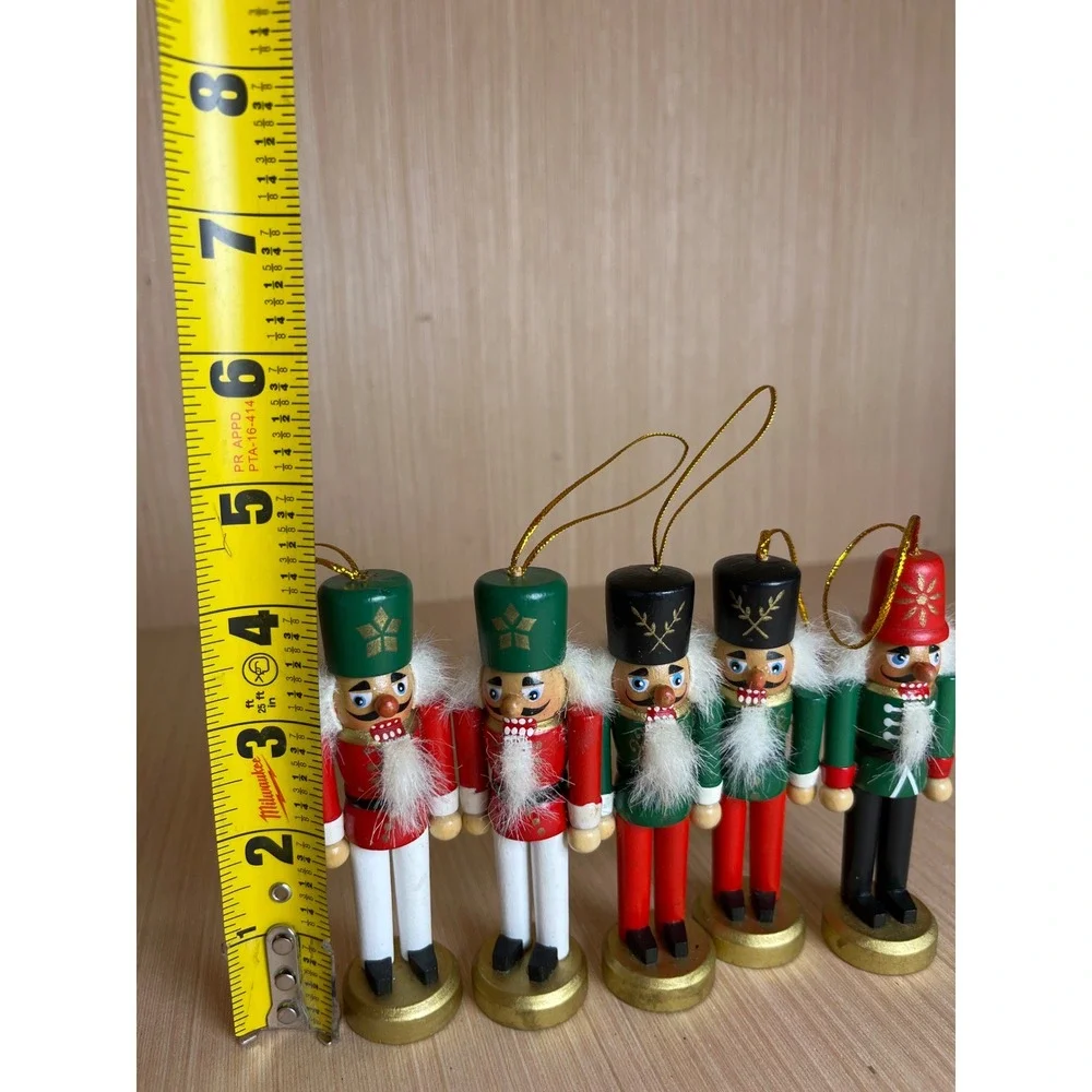 Vintage Wooden Nutcracker Soldier Christmas Ornament Set Red Green 5pc